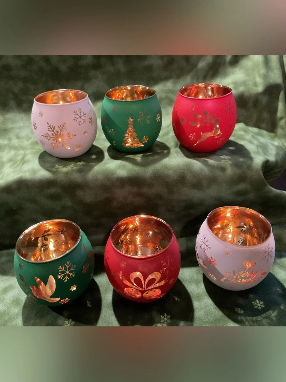 Christmas Votive Candle Holder Set of 6, Red Green White Glass NWT